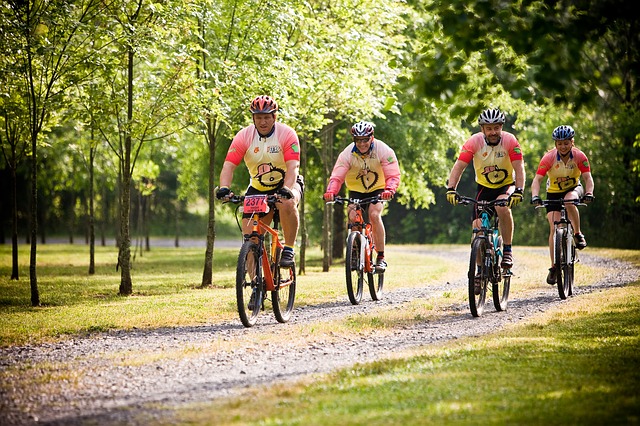 Image of 4 bikers riding on a trail